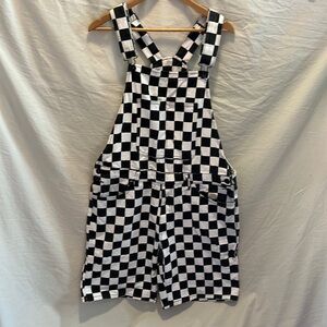 Vintage checkered denim overall shorts